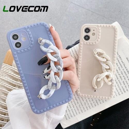 Love Heart Frame Marble Wrist Chain Phone Case For iPhone 11 12 Pro Max 12 Mini XS Max X XR 8 7 Plus Candy Color Soft Back Cover