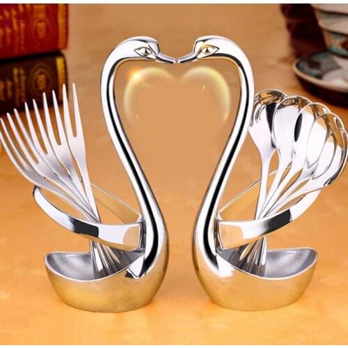 Dinnerware Set Mirror Zinc Alloy Tableware Set Fruit Fork Coffee Spoon With Holder Decorative Swan Base Western Kitchen Decor