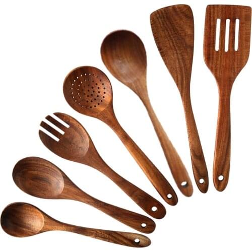 New 7 PCS Teak Wooden Kitchen Cooking Utensils, Non-Stick Spoons and Spatula Cookware for Home and Kitchen