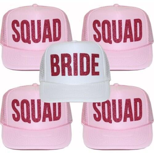 Personalized fushia Bride Squad wedding bridesmaid Bachelorette Mesh Trucker Snapback trucker hats caps party favors
