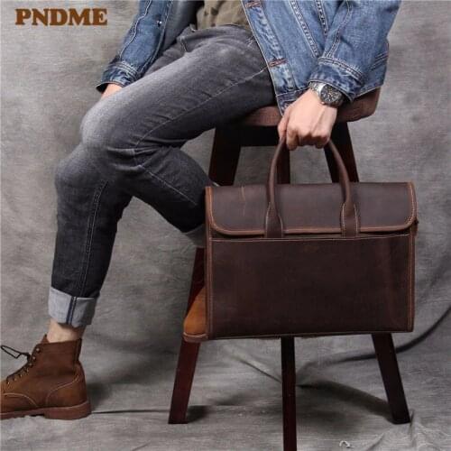 PNDME designer handmade genuine leather mens briefcase simple retro luxury crazy horse cowhide business computer bag handbags