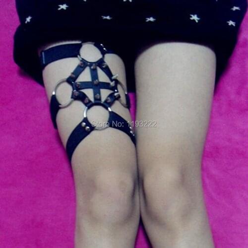 Sexy Handmade Harajuku 4 Round Metal Silver Punk Rock Cross Leather Garter Belt Leg Ring Suspender Loop