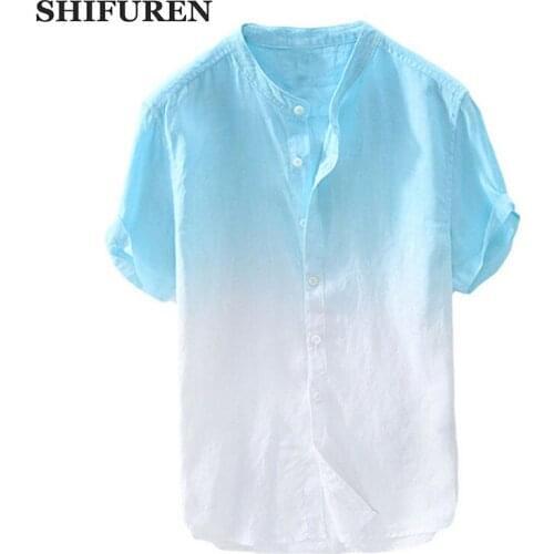 SHIFUREN Summer 100% Pure Linen Shirts Short Sleeve Gradient Color Soft Breathable Causal Male Shirts Stand Collar Chemise Homme