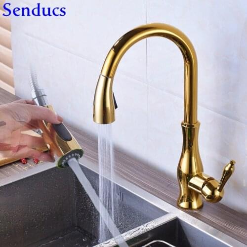 Senducs Pull Down Gold Kitchen Faucet Quality Brass Kitchen Mixer Tap Health Pull Out Kitchen Faucet New Hot Cold Kitchen Tap