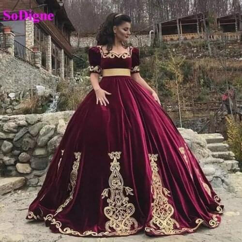 SoDigne Burgundy Velvet Arabic Prom Dresses 2021 Short Sleeves Long Formal Dress Appliqued Dubai Special Occasion Gowns