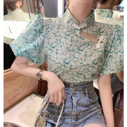Retro Floral Improved Cheongsam Shirt Feminina Summer Puff Sleeve Design Niche Shirt Korean Fashion Sweet Blouses Femme