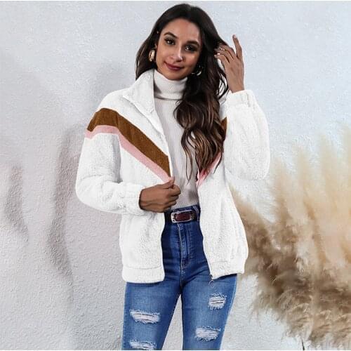 Winter Plush Striped Zipper Jacket Womens Clothing 2021 Elegant Loose Black Warm Patchwork Coat Korean Fashion Turtleneck Woman