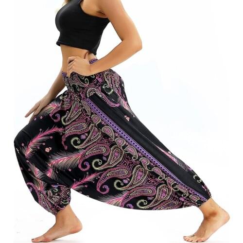2021 Womens Bohemian Yoga Pants Hippy Harem Elastic Waist Trousers Flowy Loose Beach Sports Pants