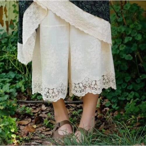 Summer Vintage cotton embroidery flowers Wide leg pants Female lolita sweet