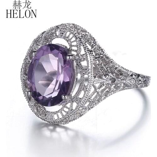 HELON 925 Sterling Silver 10X8mm Oval Natural Amethyst Ring Vintage Antique Engagement Wedding Gemstone Ring Women Party Jewelry