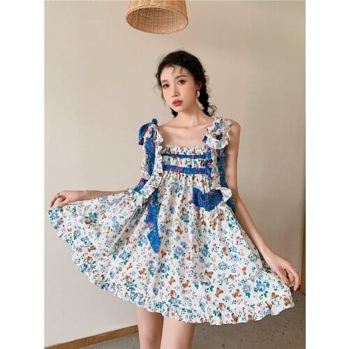 2021 floral dress bear stitching elastic strap suspender skirt female summer vintage dress sexy dress women plus size