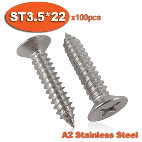 100pcs DIN7982 ST3.5 x 22 A2 Stainless Steel Self Tapping Screw Cross Recessed Countersunk Head Self-tapping Screws