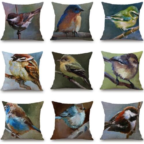 Bird Pattern Pillow Case Paintings Cotton Linen Cushion Cover Home Car Sofa Decorative