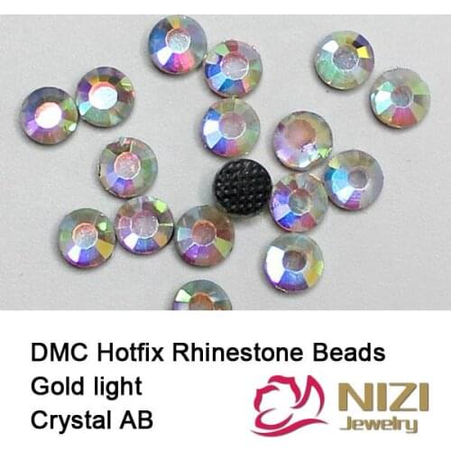 DMC Iron On Hotfix Crystal Rhinestones Gold Light Crystal AB Strass Stones For Garment Accessories Round Flatback Glass Diamonds