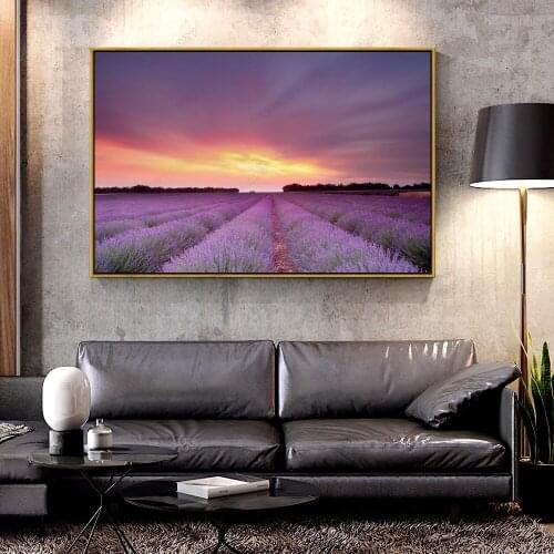 Forbeauty Oil Canvas Painting Lavandula_Fields_Sky_Clouds_Flowers_sunset_sunrise_ For Home Decoration Wall Art