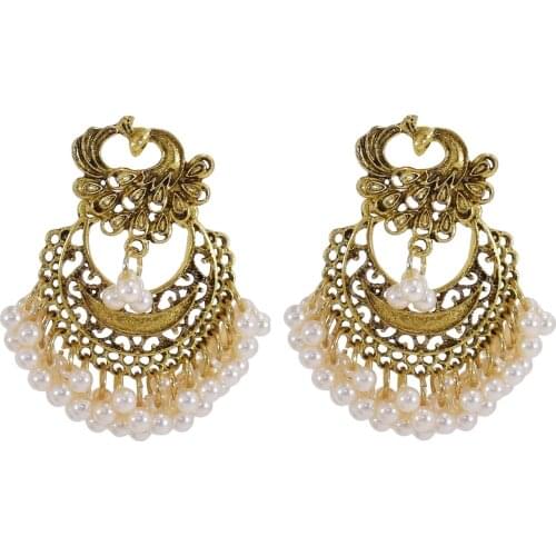 Indian Pearl Jhumka Jhumki Drop Earrings for Women Bohemain Peacock Gold Metal Statement Earring Bridal Egypt Party Jewelry Gift