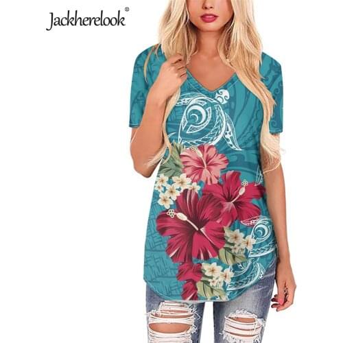 Jackherelook Ladies Tops Shirts Polynesian Tattoo Hawaiian Turtle Hibiscus Print Plus Size Blouses Summer Female Clothing Mujer