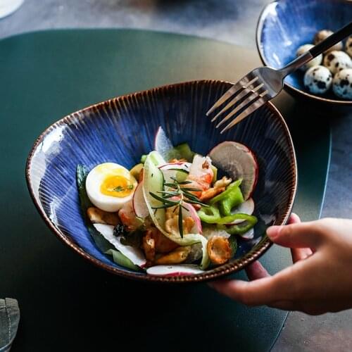 KINGLANG Klin Glaze Blue Color Ceramic Tableware Salad Bowl Irregular Shape Noodle Bowl