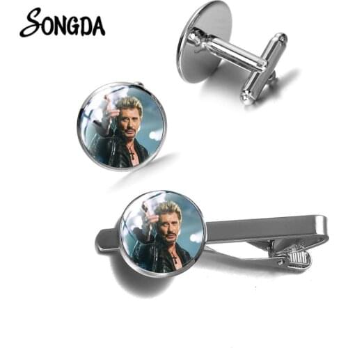 Classic French Rock Singer Johnny Hallyday Tie Clip and Cufflinks Set Steampunk Art Photo Glass Dome Clips Cuff Links Wholesale