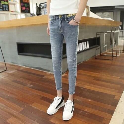 2021 Social guy stretch denim jeans mens summer Korean tight-fitting casual ankle length pants slim teenager pencil pants