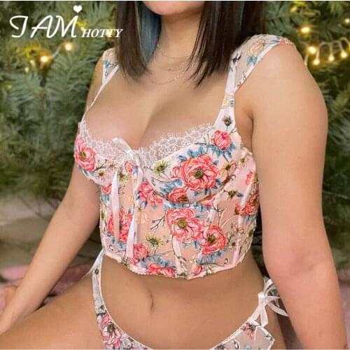 Floral Print Tie Front Bustier Corset Top Women Sexy Y2K Lace Patchwork Milkmaid Crop Top Skinny Cute Sleeveless Shirt Iamhotty