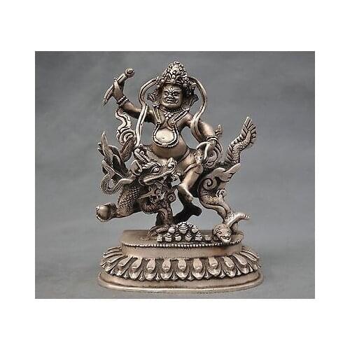 Brass Collectable 7" China Tibet Silver Bronze Ride Dragon White Jambhala Statue Garden Decoration 100% real Brass Bronze