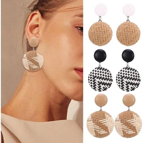 Trendy Handmade DIY Wood Earrings For Women Bohemian Round Wooden Rattan Knit Dangle Women Earring 2019 Jewelry