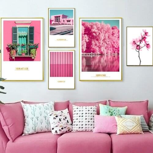 Pink Houses Forest Lake Landscape Wall Art Canvas Painting Nordic Poster Prints Picture Bedroo Living Room Home Decor No Frame