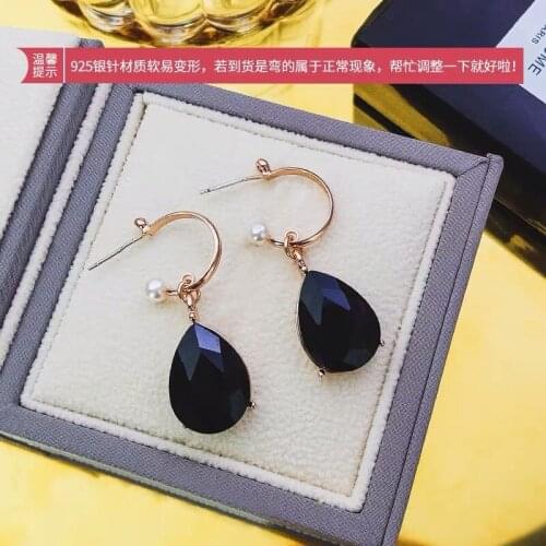 Anti Allergy Retro Black Raindrop Crystal Earring Li Zhi En with a Senior Sense of Needle Super Fairy Ornaments Female