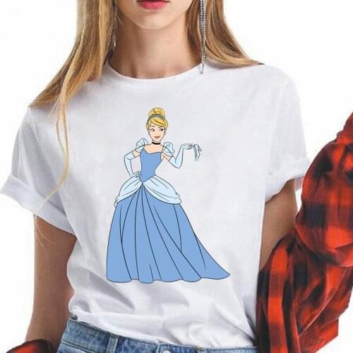 NewDisney fashiDisney Cinderella Woman T-shirts Princess Printed Short Sleeve Tee Top camisetas de mujer Cartoon T Shirt
