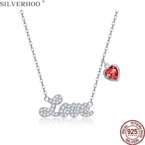 SILVERHOO Women Necklaces Sterling Silver 925 Jewelry Heart Austria Crystal Letter LOVE Pendant Necklace Female Engagement Gift