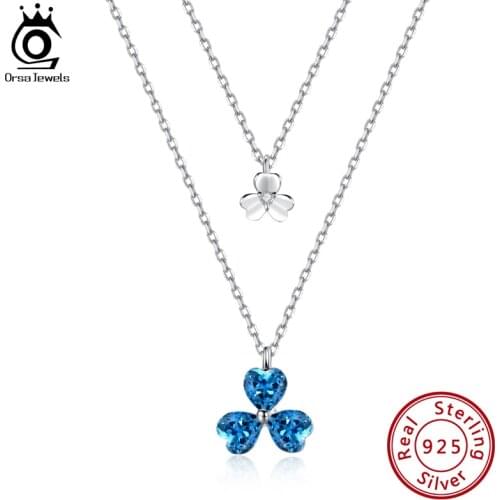 ORSA JEWELS 925 Silver 5A+Austria Crystal Clover Pendants 2 Layers Necklace Fashion Women Summer Accessories Jewelry SWN11