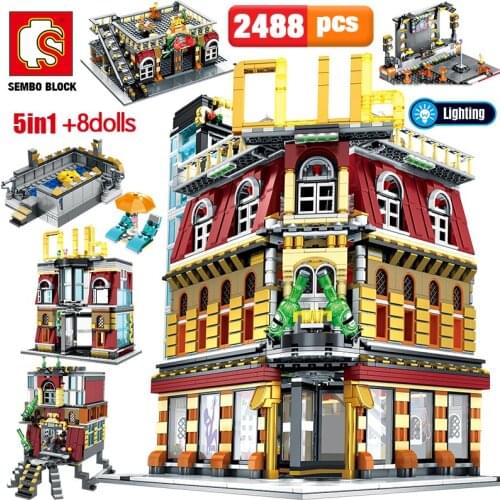 SEMBO 5-in-1 USB Light Nightclub House Building Blocks City Street View Series Figures Bricks Education Toys for Kid