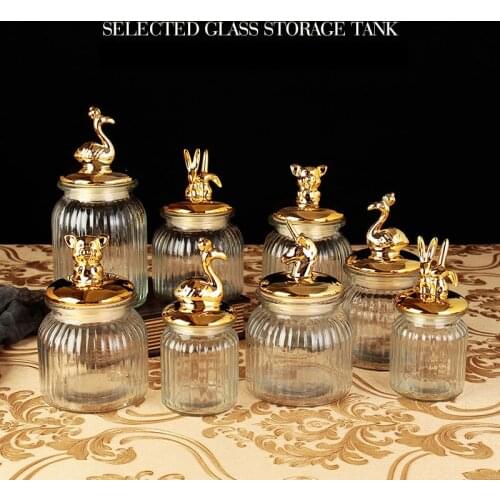 Glass with Lid Storage Jar Candy Gilded Jars Cereal Dispenser Can Coffee Table Tea Transparent Tank Home Decoration Modern