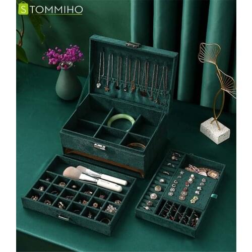 STOMMIHO 3-Layer Women Jewelry Organizer Box Makeup Holder Velvet Display Storage Case with Lock for Rings Necklace Earrings