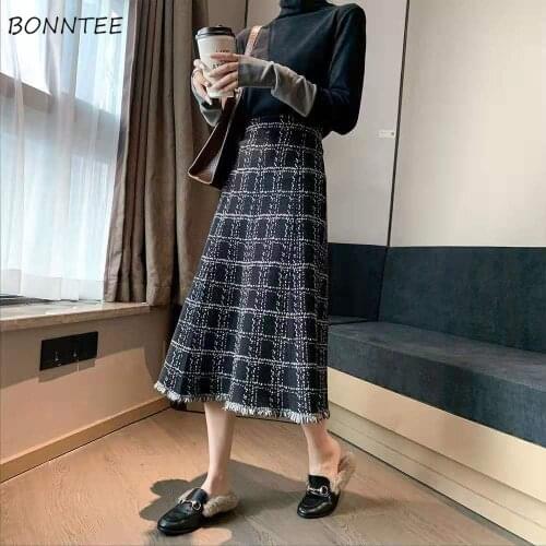 Skirts Women Retro Female Korean BF High Waist A-Line Trendy All-match Elegant Lovely Plaid Tassel Plus Size 3XL Popular Classic
