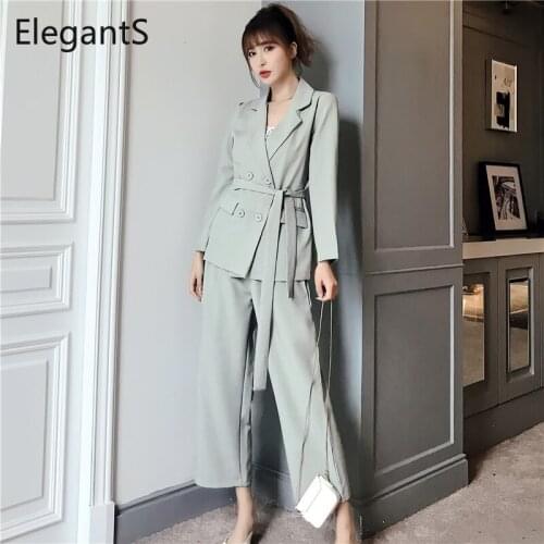 2020 Spring Fashion Women Lace Up Pant Suits Notched Blazer Jacket Pants Office Lady Wear Suits Female 2 Piece Sets Autumn