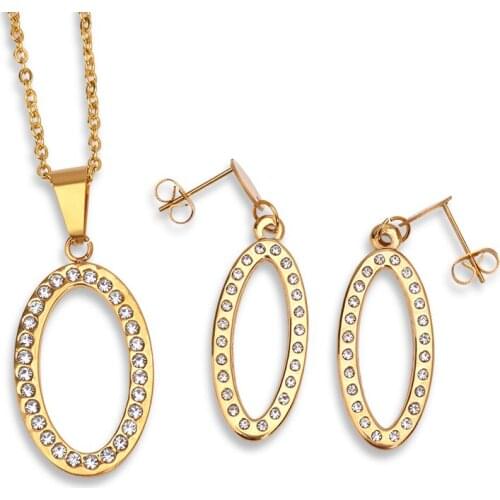 FairLadyHood With Zircon Oval Earrings & Necklace Gold Color Stainless Stee Women Jewelry Sets For Women Sweater Chain Collar