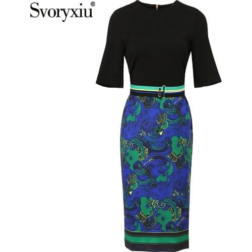 Svoryxiu Designer Fashion Summer Office Lady Midi Dress Womens Elegant Short Sleeve Flower Print Package Buttocks Slim Dresses