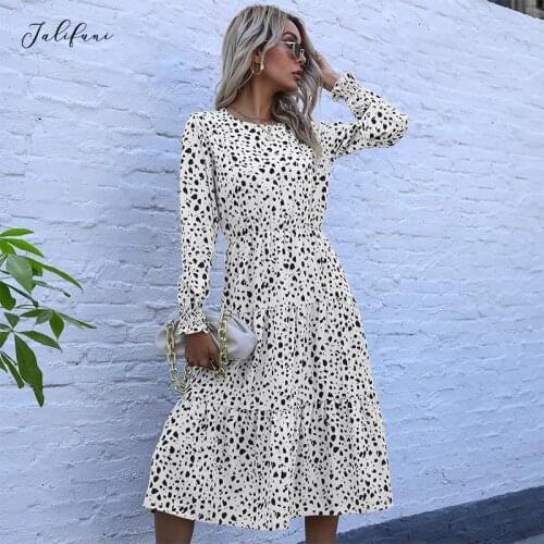 Women Leopard Print Long Dress 2021 Spring Autumn New Long Pagoda Sleeve Fashion O Neck Loose High Waist Slim Dresses Robe New