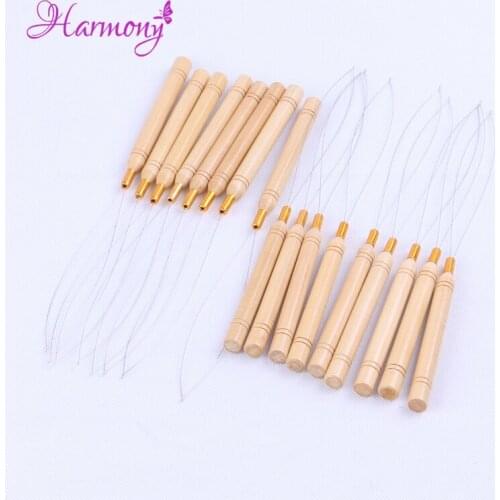 15pcs Wooden Handle Pulling Needles for Micro Rings/Loop Hair Extensions Iron Wire Threader Hook Pulling Hair Extension Tools