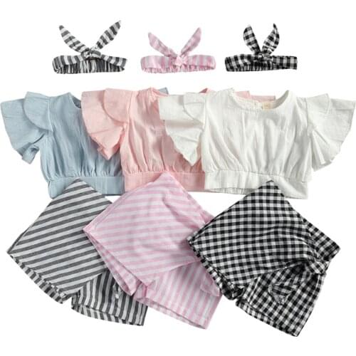 2021 Fashion Infant Baby Girls Clothes Sets 3pcs Ruffles Flying Sleeve T Shirts Tops Striped/Plaid Shorts Headband 1-5Y