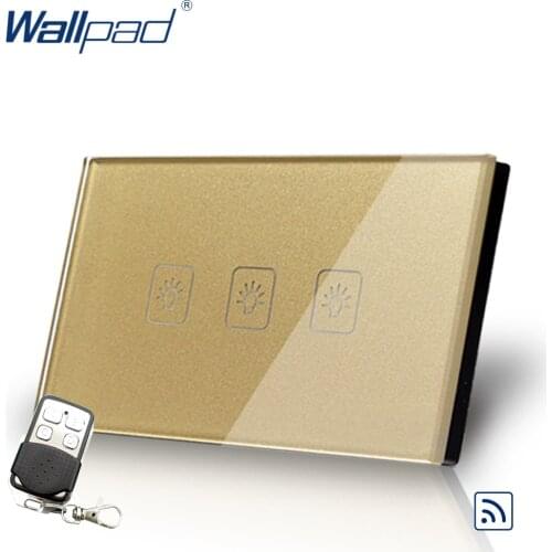 Wireless 3 Gang 2 Way 118*72mm AU US Wallpad Gold Tempered Glass 3 Gang 2 Way 3 Way Remote Control Wall Switch Inc Controller US