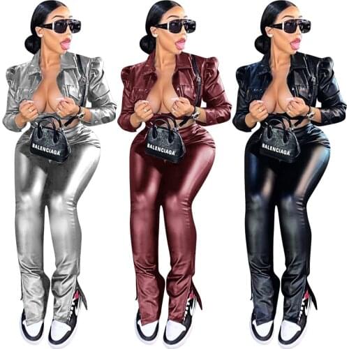 Black PU Leather Womens Tracksuit Long Sleeve Turn Down Collar Jacket Split Bottom Pencil Pants Fashion Casual Two Piece Set