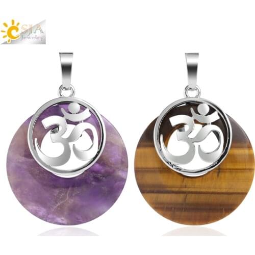 CSJA Reiki Natural Stone Pink Quartz Tiger Eye Purple Crystal Onyx Pendant Yoga Silver Color 3D AUM Women Necklaces Jewelry G049