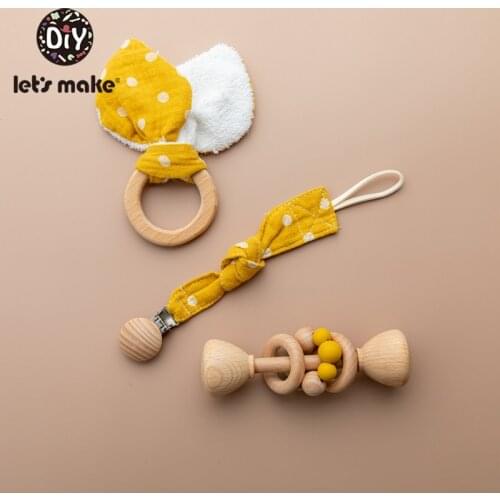 Lets Make 3pc/set Beech Wood Baby Rattle Baby Pacifier Chain Holder Foer Nipples Crib Mobiles Stroller Accessories Baby Toys