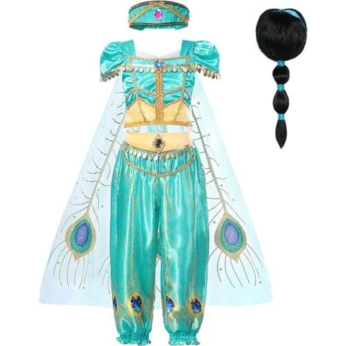 Girls Jasmine Dress Up 3 Pcs Set Kids Sequined Flower Printed Arabian Princess Costume Children Halloween Cosplay Fancy