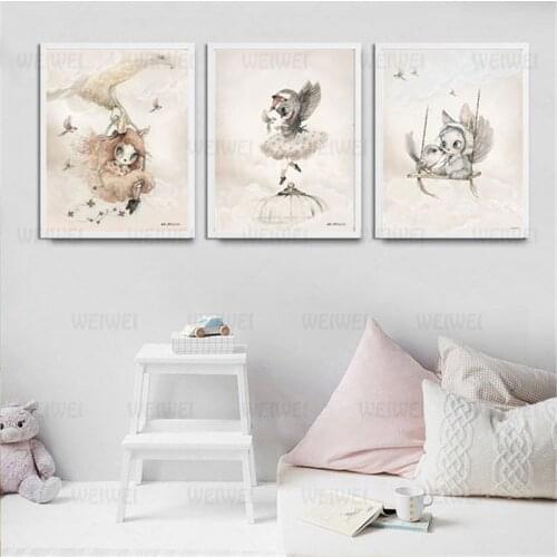 Home Decor Sweet Poster Nordic Canvas Art Painting Wall Art Cartoon Girl Animal Abstract Watercolor Print Kid Bedroom Picture