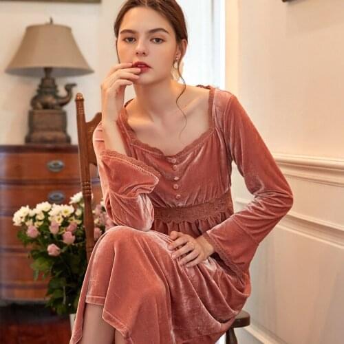 EFIOLY 2020 Gold velvet nightdress womens autumn and winter long-sleeved mid-length sexy lace nightdres high waist home service