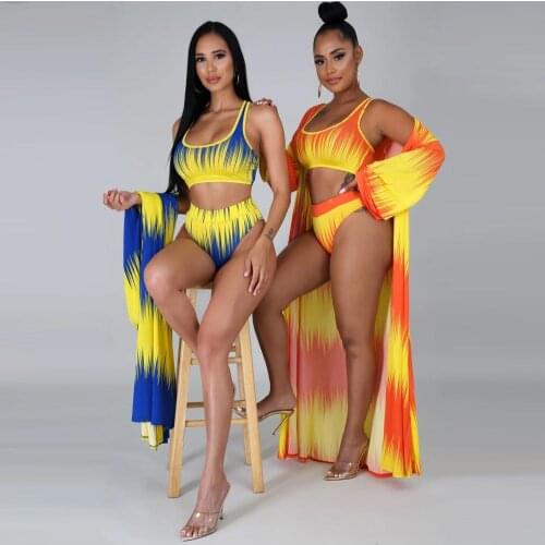 2020 New 3PCS/SET Printed high waist Bikini+cover up set sexy women swimwear bathing suit cover ups set Robe De Plage